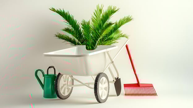 A vibrant wheelbarrow filled with lush palm fronds, accompanied by a watering can and rake against a light backdrop photo
