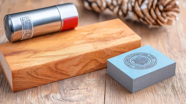 A wooden desk with a metal stamp and engraved block, showcasing craftsmanship and detail photo