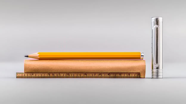 A yellow pencil, a leather notebook, a metal flashlight, and a wooden ruler arranged on a gray background photo