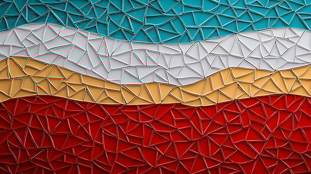 Abstract mosaic design featuring layered colors of blue, white, yellow, and red, creating a vibrant backdrop photo