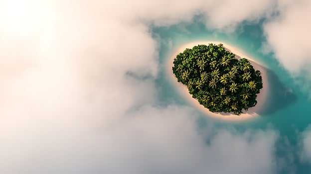 Aerial view of a lush tropical island surrounded by turquoise waters and soft clouds photo