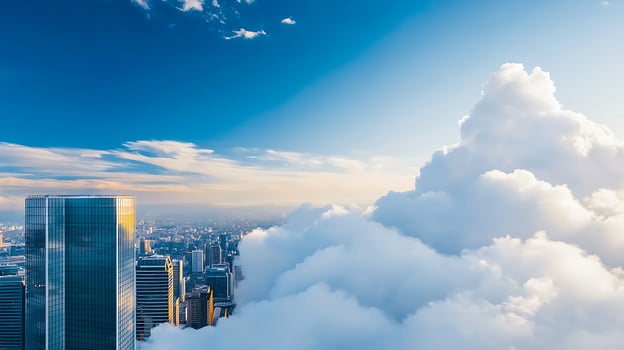 Aerial view of city skyscrapers emerging from fluffy clouds under a bright blue sky photo