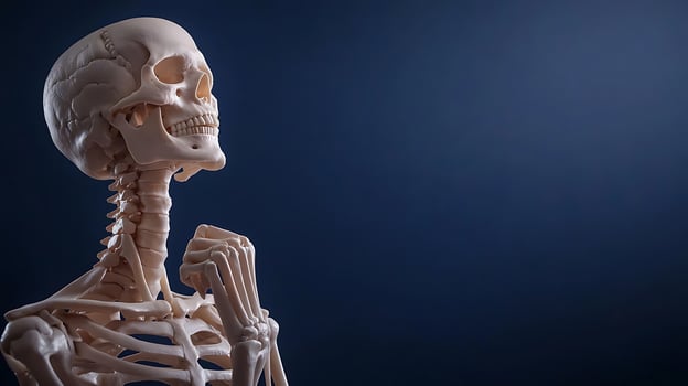 Anatomical skeleton model displayed against a dark background, showcasing human anatomy for educational purposes photo