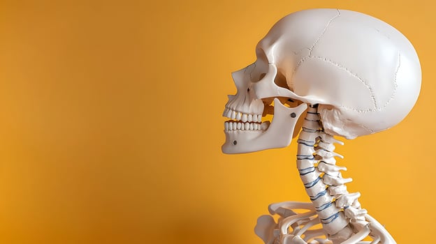 Anatomical model of a human skeleton profile against a vibrant orange background photo