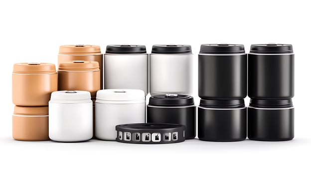 Assorted modern canisters in various colors arranged neatly on a white background photo