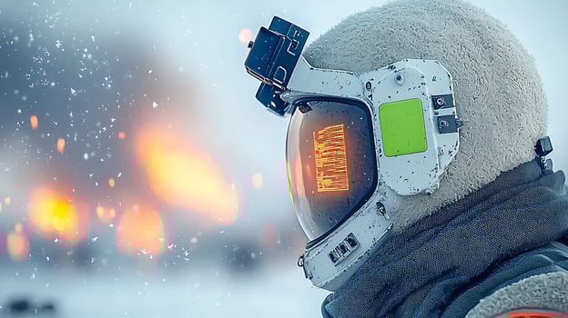 Astronaut in snowy landscape observing distant explosions, showcasing a dramatic scene photo
