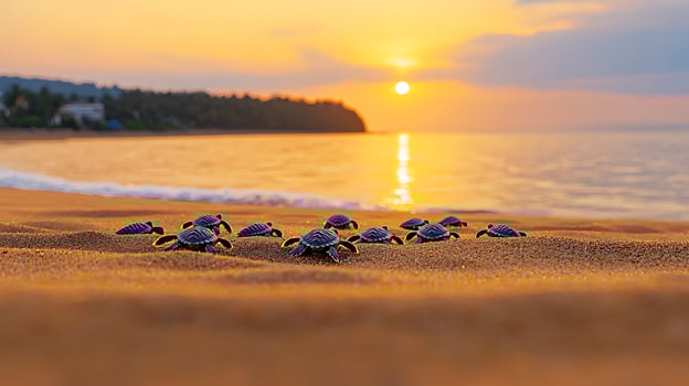 Baby sea turtles making their way to the ocean at sunset on a sandy beach with gentle waves photo