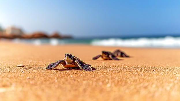 Baby sea turtles making their way across a sandy beach towards the ocean under a clear sky photo