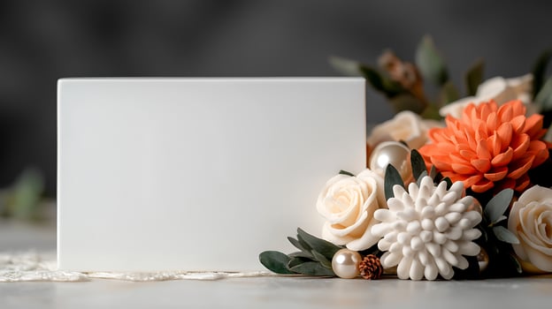 Blank card surrounded by elegant flowers and decorative elements on a soft background photo