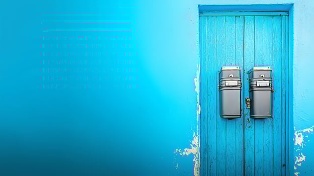 Bright blue door with two mailboxes, set against a vibrant wall, evoking a sense of charm photo