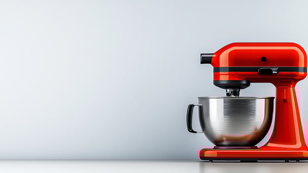 Bright red kitchen mixer with metallic bowl on a minimalist countertop against a soft background photo