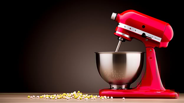 Bright red mixer on a wooden surface with popcorn scattered, creating a vibrant kitchen scene photo