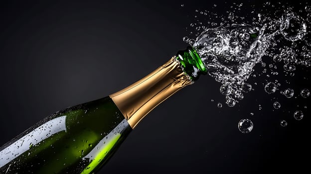 Champagne bottle erupting with bubbles against a dark background, symbolizing celebration photo