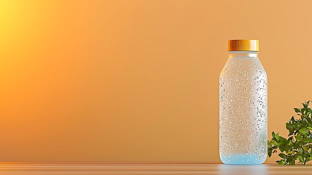 Clear water bottle with condensation, set against a warm orange background at sunset photo