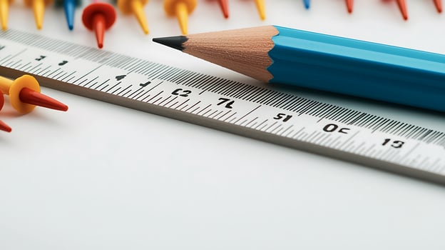 Close-up of a blue pencil and ruler surrounded by colorful pushpins on a white surface photo