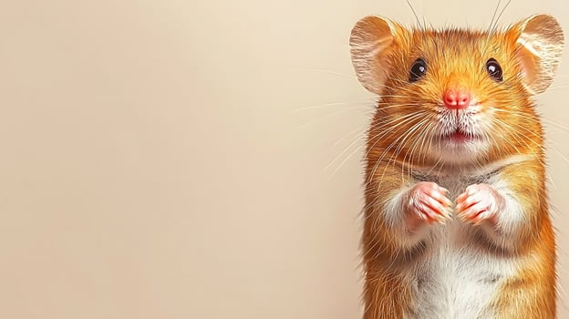 Close-up of a curious golden-brown mouse standing upright against a soft beige background photo