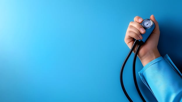 Close-up of a hand holding a blood pressure monitor against a vibrant blue background photo