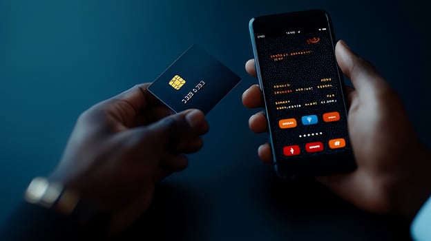 Close-up of a person holding a credit card and smartphone displaying financial details in a dark setting photo