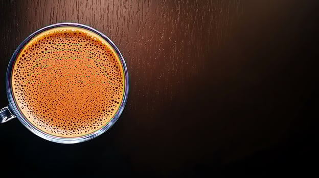 Close-up of a steaming cup of coffee on a dark wooden surface with soft lighting photo