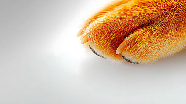Close-up of a vibrant orange animal paw resting on a smooth surface, showcasing intricate fur details photo