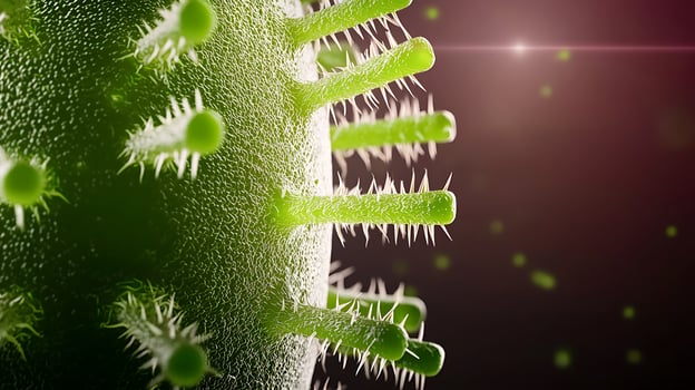 Close-up of a vibrant green virus structure with spiky protrusions against a blurred background photo