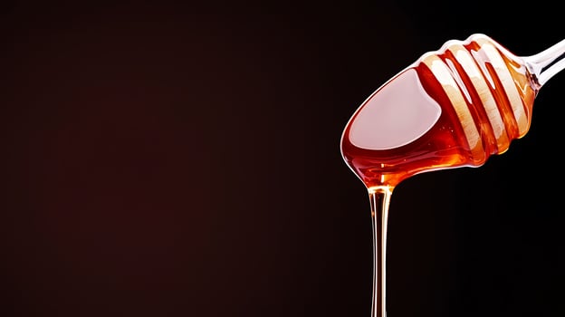 Close-up of honey dripping from a spoon against a dark background, emphasizing its rich texture photo