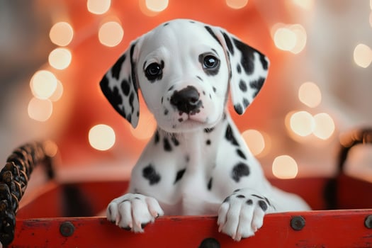 Dalmatian puppy looking out from red wooden box with christmas lights in background photo