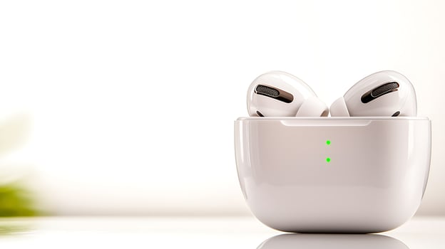Close-up of wireless earbuds charging in a sleek case with green indicator lights photo