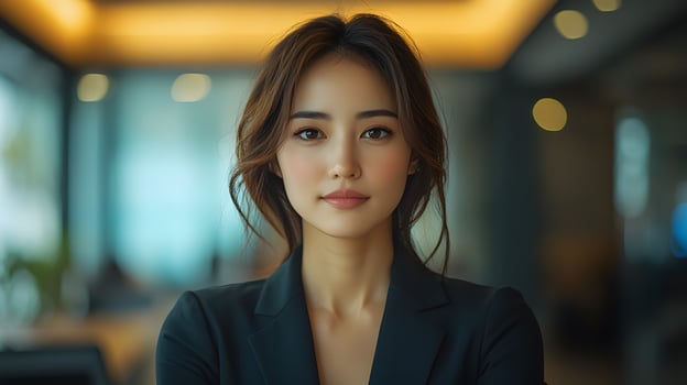 Businesswoman leading a meeting in a modern office, professional attire, inspiring presence photo
