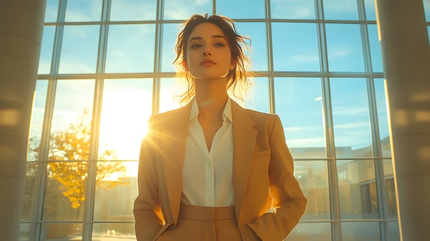 Confident businesswoman standing in a modern office with large windows, professional attire, natural lighting photo