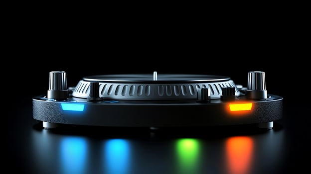 Close-up view of a modern DJ turntable with illuminated buttons on a black background photo
