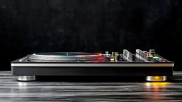 Close-up view of a modern DJ turntable on a wooden surface with colorful lights in a dark setting photo