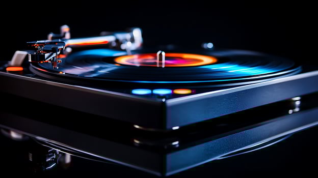 Close-up view of a modern turntable playing a vinyl record against a dark background photo