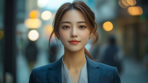 Businesswoman walking confidently in cityscape, modern career growth, ambition. photo