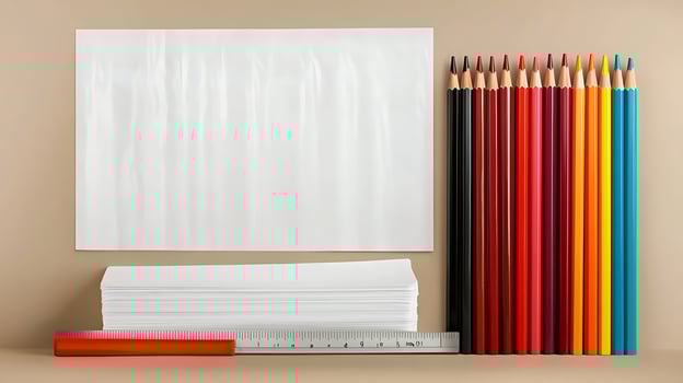 Collection of colored pencils, blank paper, and ruler arranged on a neutral background photo