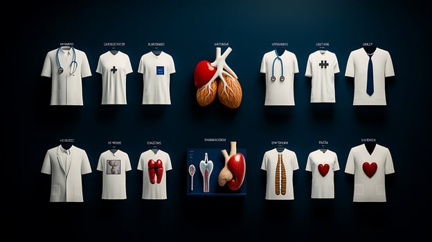 Collection of medical-themed shirts displayed against a dark background, showcasing various designs photo