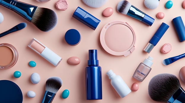 Colorful array of beauty products and tools arranged artistically on a pastel background photo