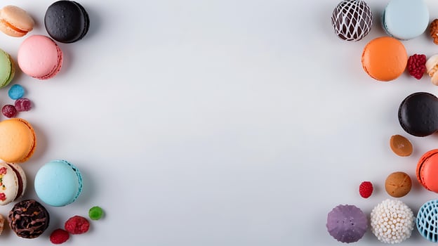 Colorful assortment of macarons and candies arranged on a light background for dessert display photo