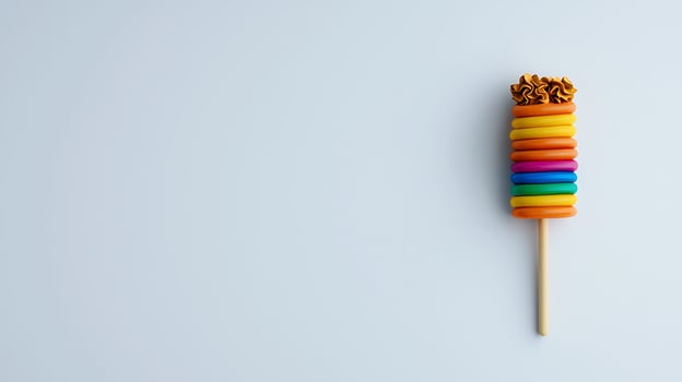 Colorful candy treat on a stick with vibrant rings and crunchy topping against a plain background photo