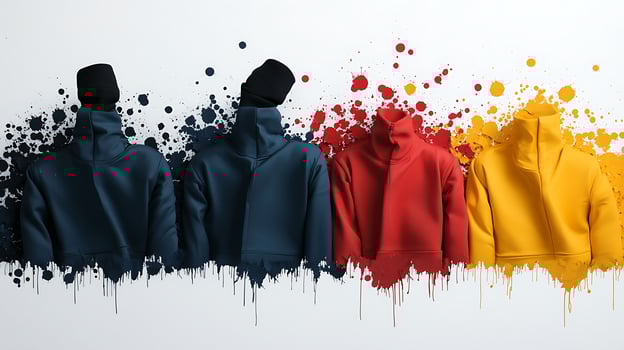 Colorful hoodies displayed against a splattered paint background, showcasing vibrant fashion styles photo