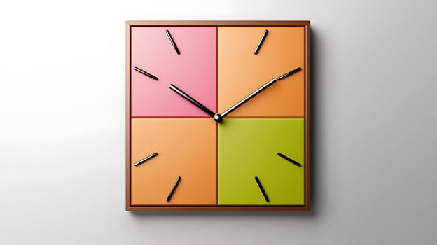 Colorful modern wall clock with four sections displaying different colors, indicating time photo