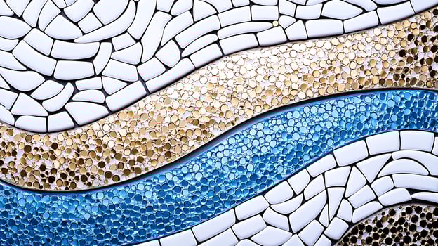 Colorful mosaic design featuring wavy patterns in blue, gold, and white, ideal for decor photo