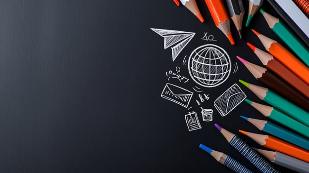 Colorful pencils arranged on a black background with doodles of a globe and paper airplane photo