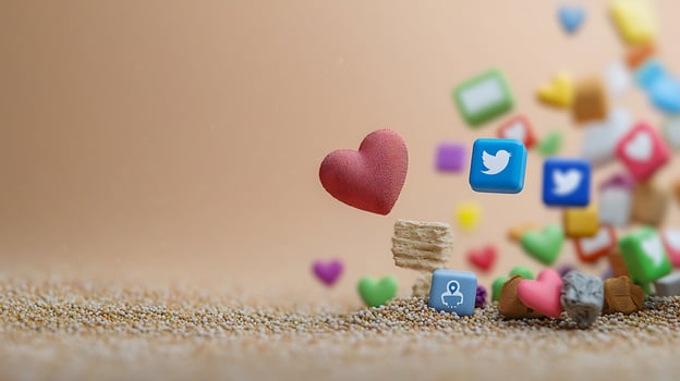 Colorful social media icons and heart shape floating above sandy background, symbolizing connection photo