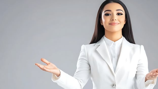 Confident businesswoman presenting ideas with open hands against a neutral gray background photo