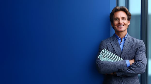 Confident businessman standing by a blue wall holding cash, showcasing success in a modern office photo