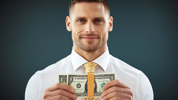 Confident man holding a dollar bill, showcasing wealth against a dark background photo