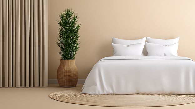Cozy and minimalistic bedroom featuring a large bed with white linens and a potted plant photo