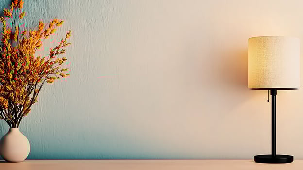 Cozy interior scene featuring a lamp and a vase of flowers against a softly colored wall photo