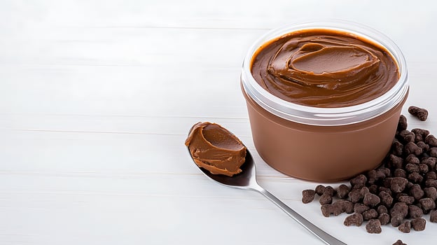 Creamy chocolate spread in a container with a spoon and chocolate chips on a white background photo